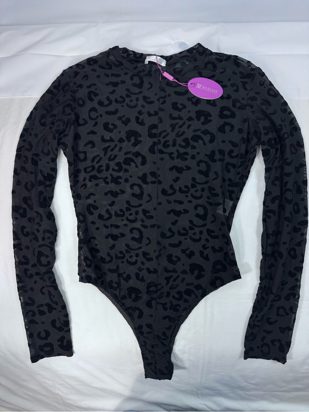 Avidlove Black Leopard Mesh Bodysuit Sheer Long Sleeve Size Small